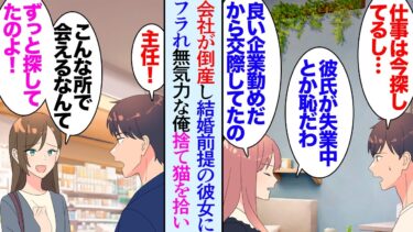 【セカイノフシギ】【漫画】会社が突然倒産した。交際していた彼女にも貶されてフラれた「計画が水の泡だわ」何もやる気が起きず公園でボーっとしていたら捨て猫を拾った→ペットショップで前職時代の女上司に再会し【マンガ動画】